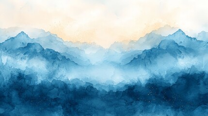 A serene watercolor landscape featuring layered blue mountains and a soft, hazy sky.