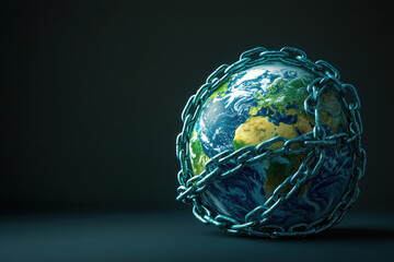 Fototapeta premium A concept of global confinement, depicting Earth encircled by heavy chains, symbolizing restrictions and challenges faced by the planet.