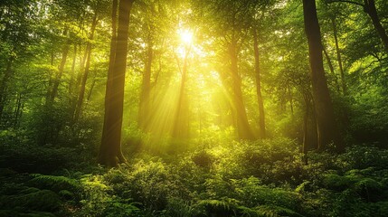 Fototapeta premium A serene scene capturing sunlight streaming through a dense forest canopy, creating a tranquil and peaceful ambiance that envelops the entire landscape in warmth.