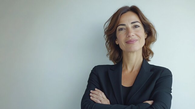 Confident Businesswoman with Brown Hair Wearing Black Blazer, Standing Against a Light Wall Background, Smiling and Posing with Arms Crossed in a Professional Setting
