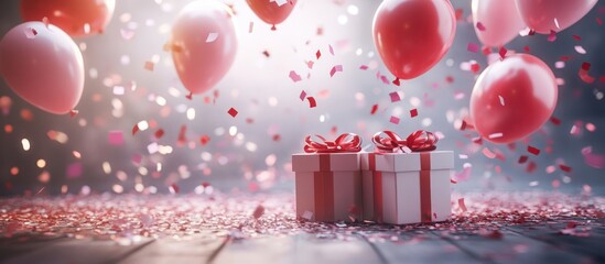 Two wrapped gifts with red ribbon bows and confetti on a wooden surface with pink balloons in the background.