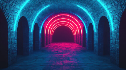 Obraz premium A stunning underground tunnel illuminated by vibrant neon lights, creating a captivating atmosphere of mystery and intrigue.