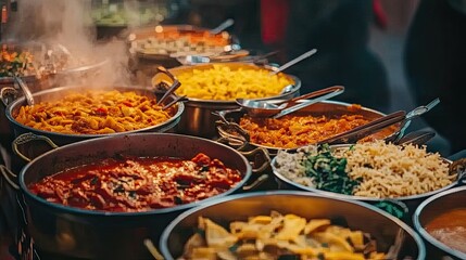 Obraz premium A beautifully arranged platter featuring Indian curries, Italian pastas, Chinese dumplings, and Mexican tacos, highlighting culinary diversity.