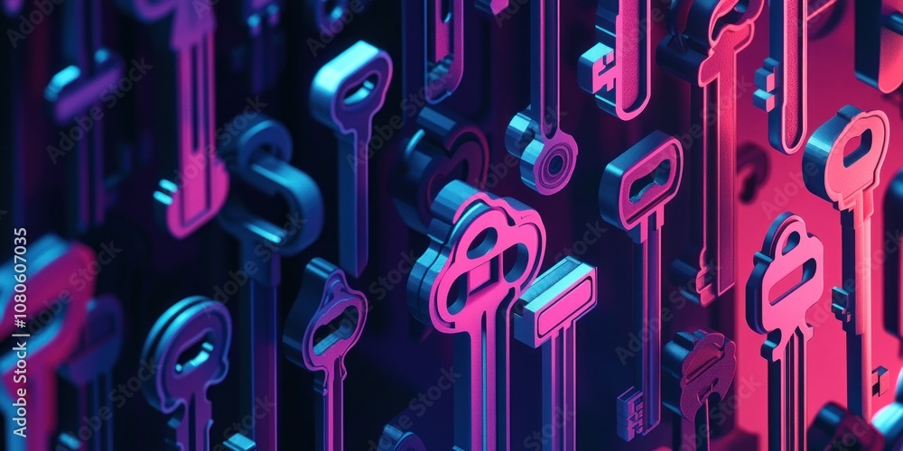 Poster a vibrant 3d visualization of keys, symbolizing security and access in a digital context.