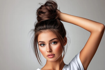 Fototapeta premium Stylish Woman in White T-Shirt with Messy Bun, Casual Beauty and Natural Look for Fashion and Lifestyle Concepts