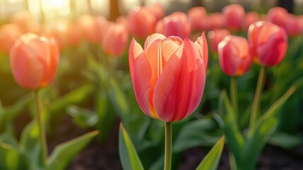 Obraz premium A vibrant pink tulip stands proudly among a field of blooming tulips, showcasing the beauty of spring and nature's colorful palette.