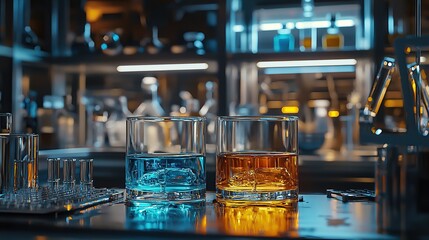 Two glasses of colorful drinks on a bar counter with laboratory equipment in the background.
