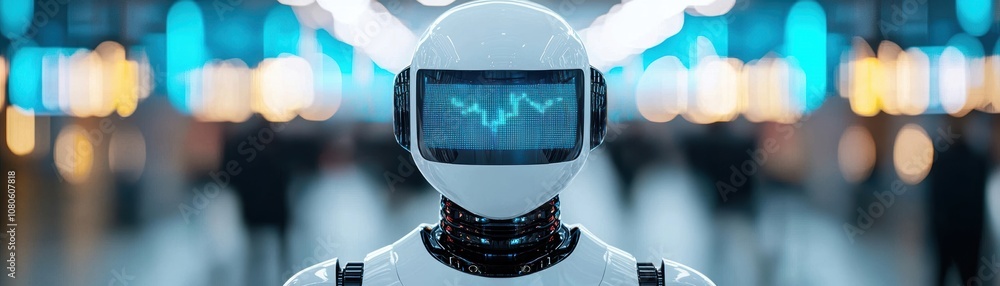Poster futuristic robot with a digital face displaying data, set in a high-tech environment. ideal for tech