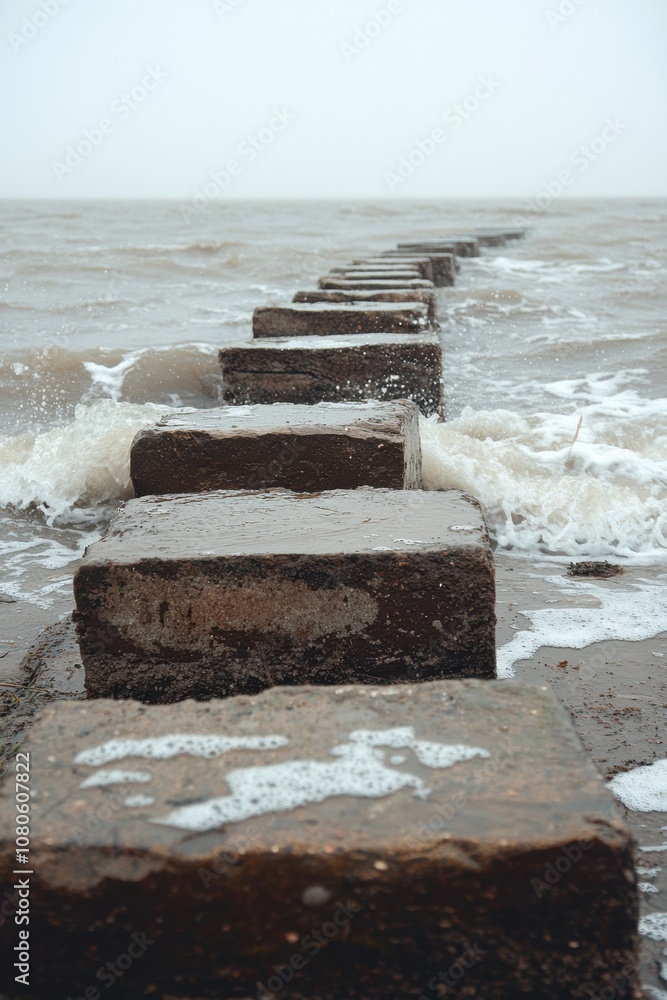 Poster a serene view of stone blocks leading into a calm sea, creating a tranquil atmosphere with gentle wa