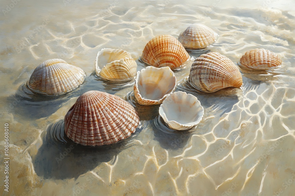 Aufkleber a group of seashells are partially submerged in shallow water, with the sunlight reflecting off the 