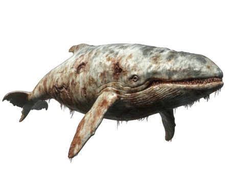 Sperm whale with scars on its thick body, swimming calmly on transparent background - Powered by Adobe