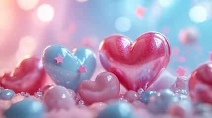 Obraz premium A pink and blue heart shape stands out from the other hearts, with the backdrop of light pink and blue bokeh.