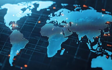 Stylish digital world map representing global connectivity and networking concepts in a futuristic design with glowing elements.