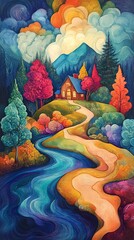 A painting of a mountain valley with a house and a path. The painting is full of color and has a peaceful, serene mood
