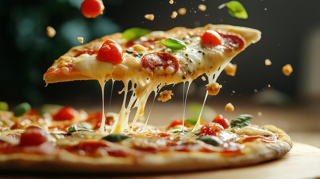 Pizza slices flying. Delicious peperoni pizza slices with chicken pieces - Powered by Adobe