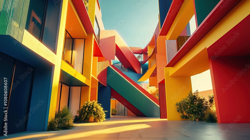Poster vibrant architectural design featuring colorful structures and dynamic shapes.