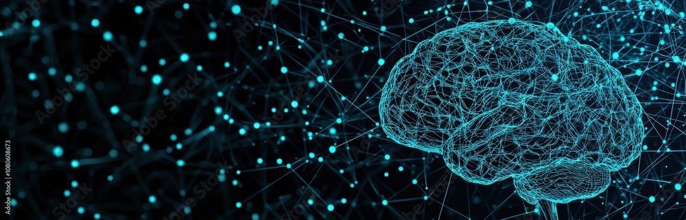 Poster a vibrant digital representation of a human brain, interconnected with glowing nodes and lines symbo