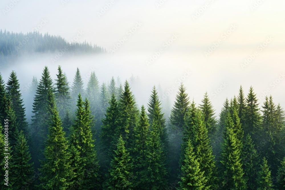 Poster a serene landscape featuring lush evergreen trees emerging from a misty fog, creating a tranquil and