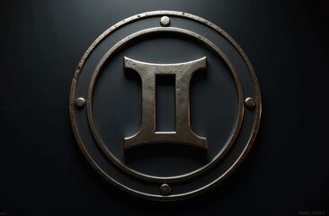 Gemini zodiac sign, logo badge design metal on a dark background
