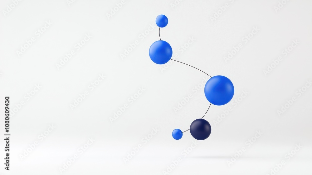 Poster stylized blue molecular structure with floating spheres on a minimalistic background, representing c