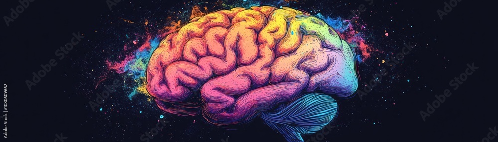 Poster a vibrant, artistic representation of a brain with colorful patterns and cosmic elements.
