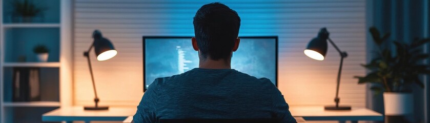 A man working late at night in a dimly lit room, focused on a computer screen, creating a productive and serene atmosphere for remote work.