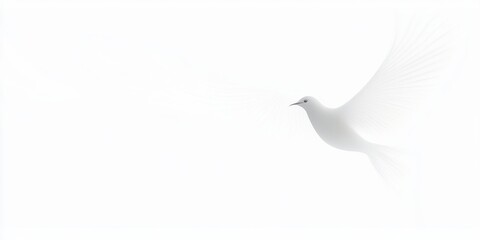 Fototapeta premium Elegant white dove gracefully flying against a pure white backdrop, embodying peace and tranquility in a minimalist style.