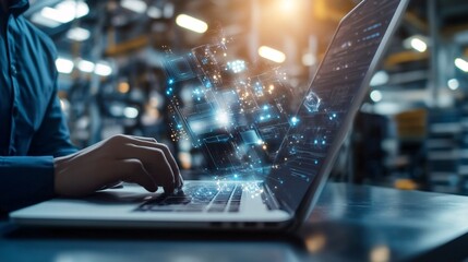 Engineer developing software on laptop with futuristic holographic interface in industrial factory