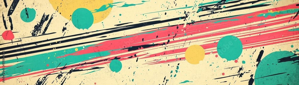 Poster abstract colorful background with dynamic brush strokes and scattered circles, perfect for creative 