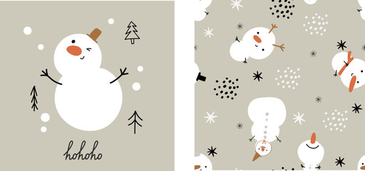 Cute snowman christmas seamless pattern scandinavian boho style with cute character cartoon nursery toddler style. Fabric wallpaper background