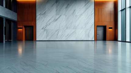Modern building lobby with two elevators, marble walls, large floor tiles, wood accents, and soft ambient lighting, creating a sleek and sophisticated atmosphere.