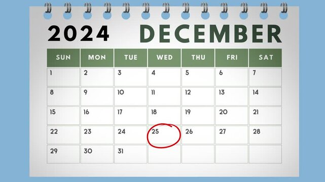 Mark the Date calendar for Christmas, December 25. Animated circles highlighting Christmas Day on a calendar, marked with a red Sharpie to emphasize the festive occasion.