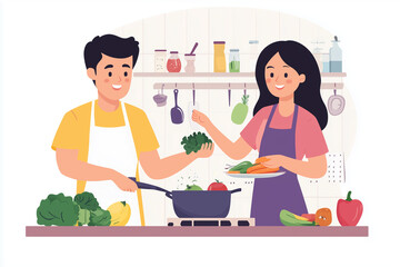 Illustration von Mann und Frau beim gemeinsamen Kochen