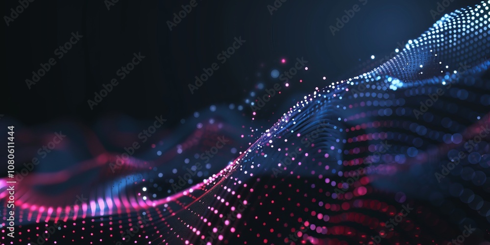 Poster a blue and red wave with many dots. the dots are in different colors. the wave is very long
