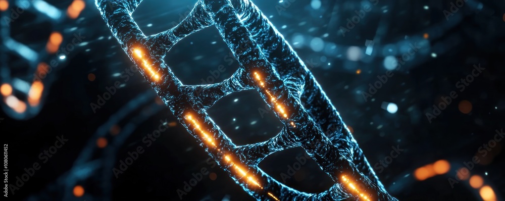 Poster a close-up of a dna double helix structure illuminated with glowing elements.