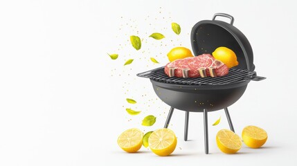 A vibrant barbecue scene featuring fresh meat grilled to perfection, surrounded by bright lemons and aromatic herbs, ideal for summer cooking.