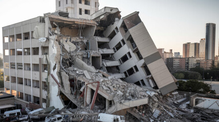 Fototapeta premium The collapsed hospital building. The building is in ruins, its structure is exposed, and debris is scattered around. There are damaged cars next to the building.