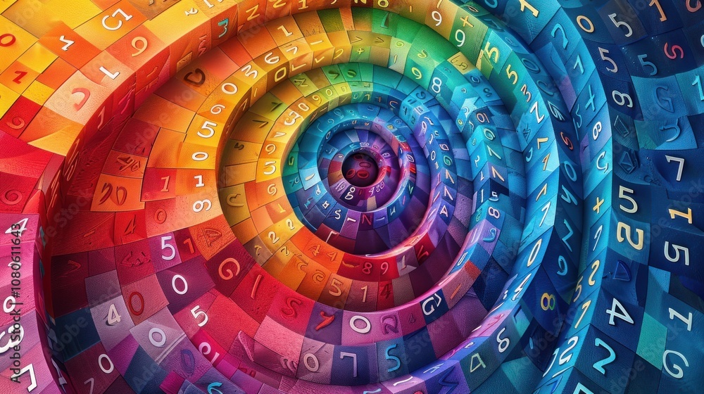 Poster a colorful spiral pattern of numbers in a rainbow color scheme.
