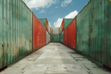 Fototapeta premium A long and narrow hallway with walls from old shipping containers. The hallway was empty and dimly lit