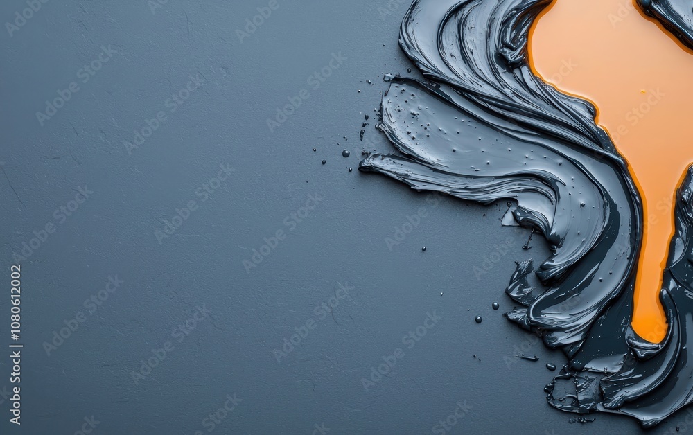 Poster an artistic blend of black and orange paint on a textured gray surface, creating a modern abstract c