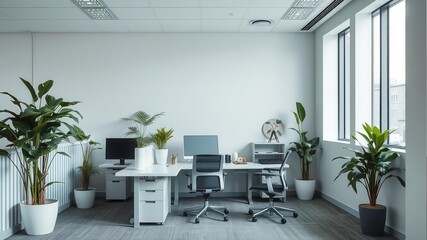 Minimalist reception area with sleek white desk, monitors, potted greenery, striped wall, interior, stripes, workstation