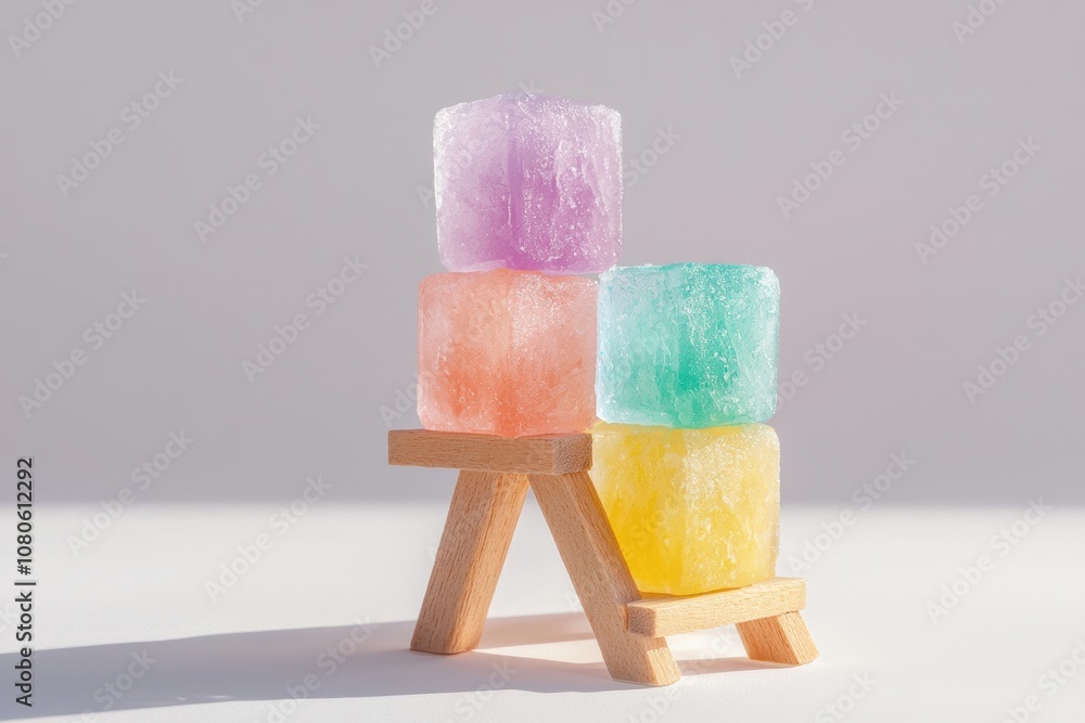Poster colorful ice cubes stacked on a wooden stand, creating a playful and vibrant display, perfect for re