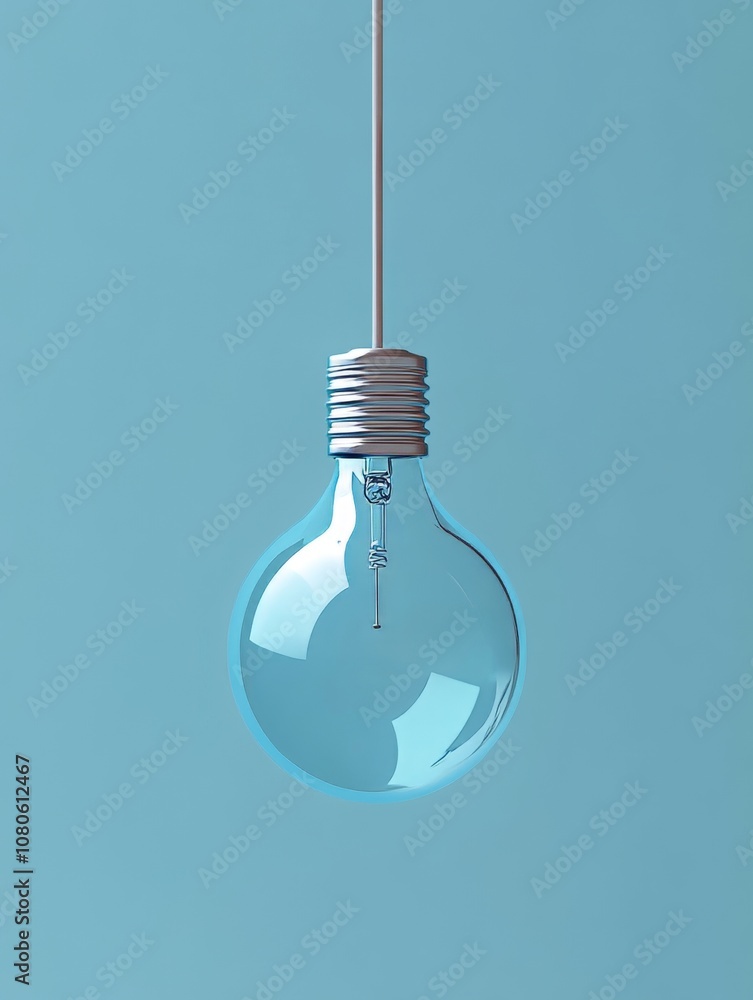 Poster isometric 3d cartoon render of a blue light bulb hanging from a string with minimalist design