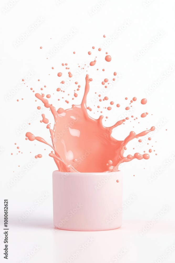Poster a splash of soft pink paint erupts from a simple white cup, creating an artistic visual of color and