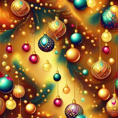 Seamless Christmas background of a colorful holiday illustration of beautifully decorated Christmas ornaments.