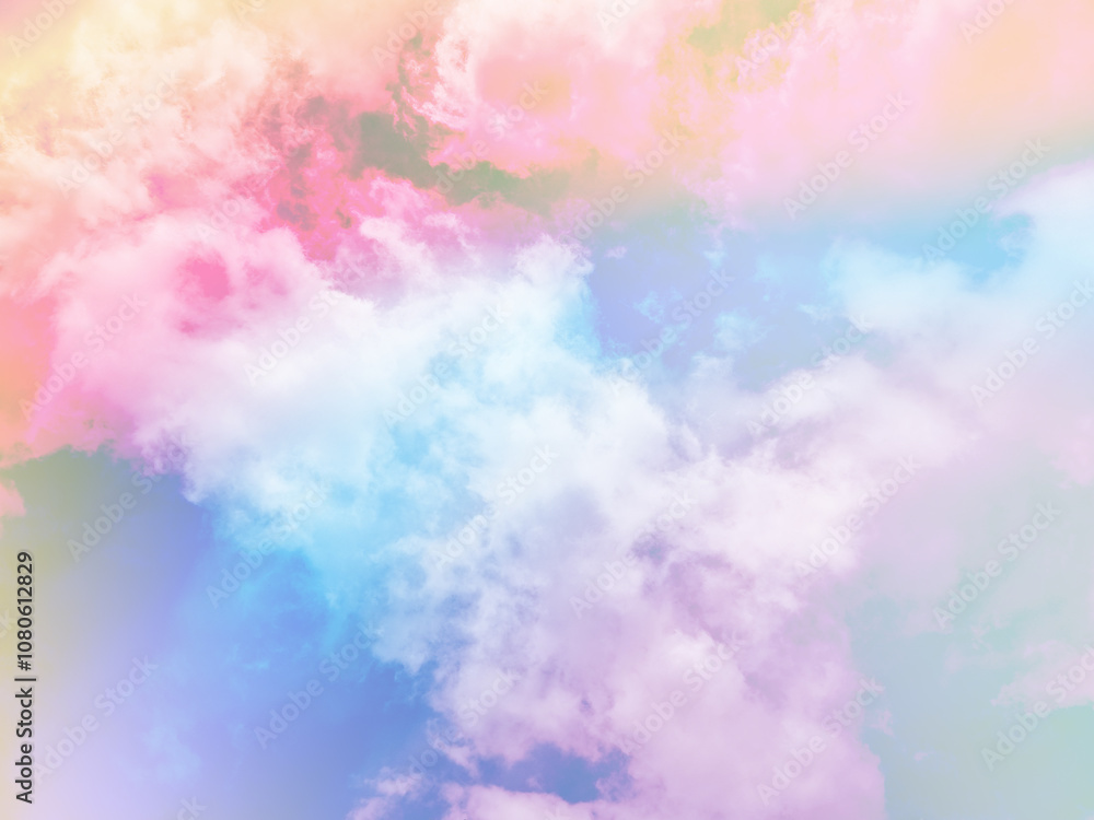 Wall mural beauty sweet pastel red and blue colorful with fluffy clouds on sky. multi color rainbow image. abst
