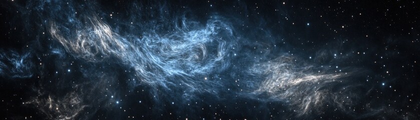 A cosmic scene featuring swirling clouds of gas and dust in a starry background.