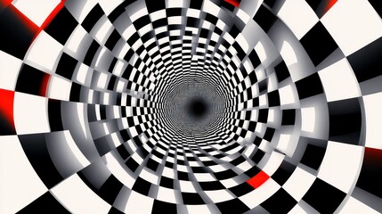 A black and white checkered pattern forms a hypnotic spiral tunnel with red highlights at the edges.