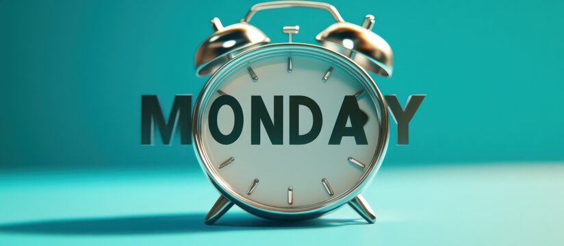 Silver alarm clock on blue background with the word Monday.