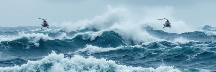 Two helicopters battling rough seas in a dramatic stormy weather setting, turbulence, rough seas